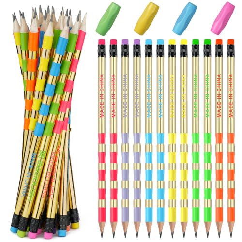 OFFCUP HB Bleistifte Set, 12pcs Mehrfarbig Kinder Bleistifte, mit 4 Stück Schreibhilfe & Bleistiftspitzer Radiergummi, HB-Bleistifte Graphitstifte Magischer Bleistifte Set Dreikant Bleistifte von OFFCUP