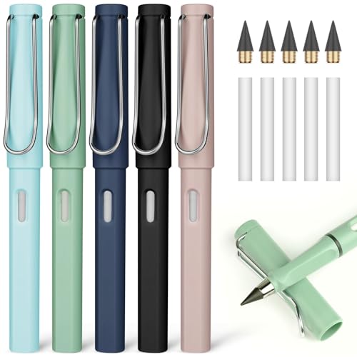 OFFCUP Metall Tintenlose Bleistifte, 5 Stück Tintenloser Bleistift mit Radiergummi, Magic Pencil mit 5 Stück Wechselkopfm, Klares und Flüssiges Schreiben für Erwachsene Studenten Künstler(Mehrfarbig) von OFFCUP