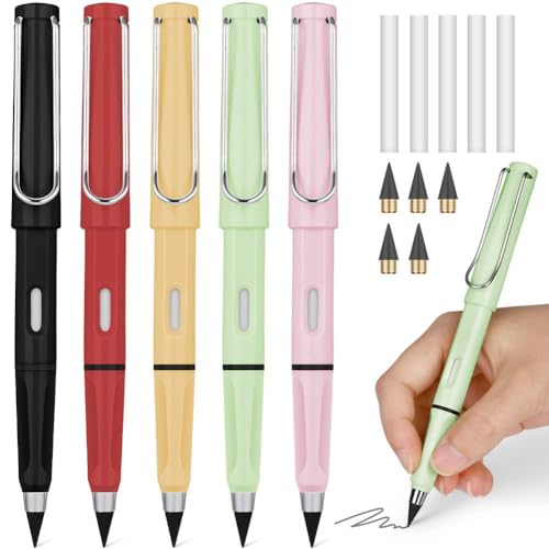 OFFCUP Metall Tintenlose Bleistifte, 5 Stück Tintenloser Bleistift mit Radiergummi, Magic Pencil mit 5 Stück Wechselkopfm, Klares und Flüssiges Schreiben für Erwachsene Studenten Künstler(Einfarbig) von OFFCUP