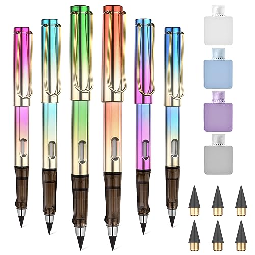 OFFCUP Metall Tintenlose Bleistifte, 6 Stück Tintenloser Bleistift mit Radiergummi und 4 Clips, Magic Pencil mit 6 Stück Wechselkopfm, Klares und Flüssiges Schreiben für Erwachsene(Buntes Upgrade) von OFFCUP