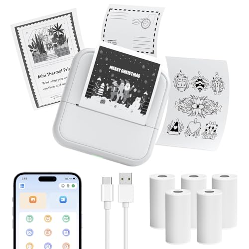 OFFCUP Mini Drucker Mini Fotodrucker mit 5 Papierrollen Tragbarer Mini Printer Thermodrucker Taschendrucker Smartphone Bluetooth Drucker für iOS und Android für Studiennotizen Fotos Etiketten, Weiß von OFFCUP