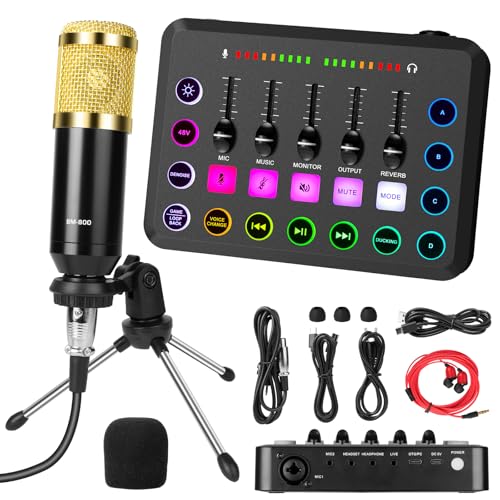 OFFCUP Podcast Equipment Set Mischpult Audiomixer mit Stativ Kondensator Mikrofon USB C Audiointerface für PC Laptop Telefon Pad, Live Soundkarte für Live-Streaming Gesang YouTube und Gaming von OFFCUP