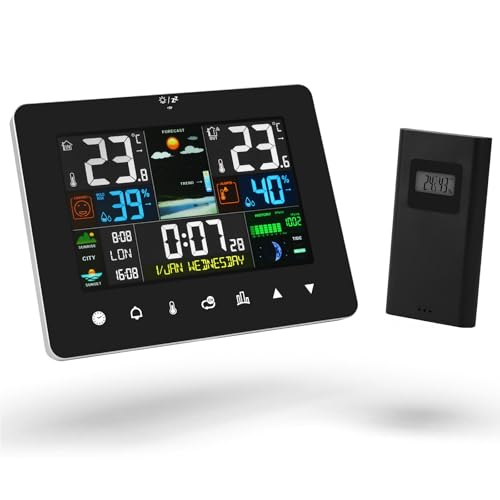 OFFCUP Wetterstation Funk mit Außensensor, Funkwetterstation mit Wettervorhersage, Thermometer Innen Außen Funkthermometer mit Farbdisplay, Temperaturwarnung, DCF Funkuhr,Luftfeuchte,Batteriebetrieben von OFFCUP
