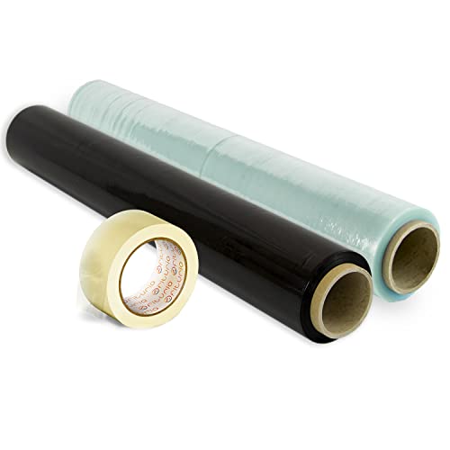 2er Pack Folie Farbe Verpackung + transparentes Klebeband, elastische Rolle, 50 cm ausziehbar bis 300 m, Umzugs- und Verpackungsschutz - Ofituria (Schwarz und Transparent + Klebeband) von OFITURIA