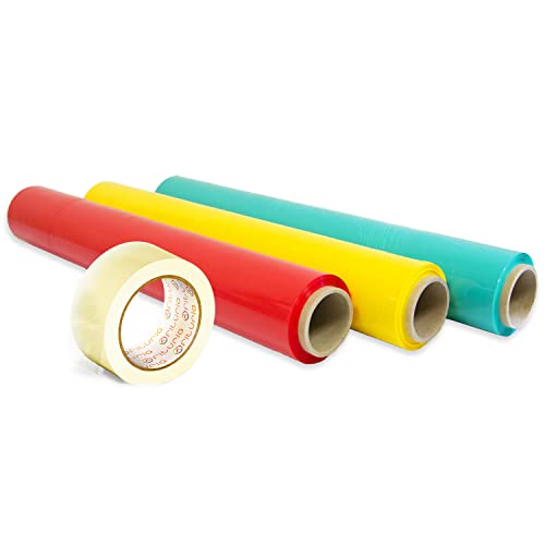3er-Pack Folie Farbverpackung + transparentes Klebeband, elastische Rolle, 50 cm ausziehbar bis 300 m, Umzugs- und Verpackungsschutz - Phytourie (Rot, Gelb und Grün + transparentes Klebeband) von OFITURIA