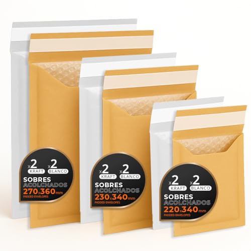 Luftpolstertaschen für Versand, 3 Größen – Kraft, Weiß oder Kombi – Selbstklebend – Papierumschläge mit Luftpolster, ideal für Versandtaschen - Pack L - Ofituria (Kraft und Weiß, 12 Umschläge) von OFITURIA
