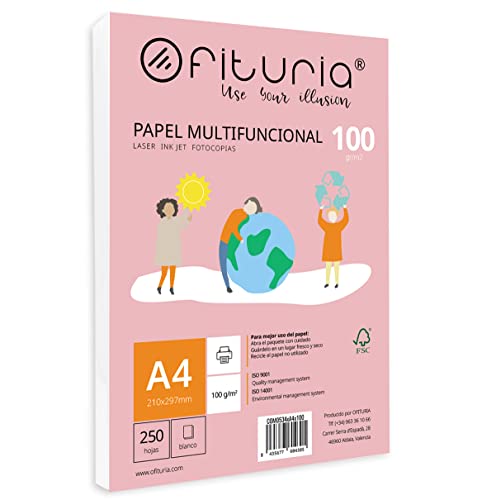 Packung mit A4-Blättern, 100 g, mit 250 weißen Blättern, multifunktionales Papier für Schul- und Arbeitsumgebungen, ideal für Laser-, Inkjet- oder Kopierer, Opituria von OFITURIA