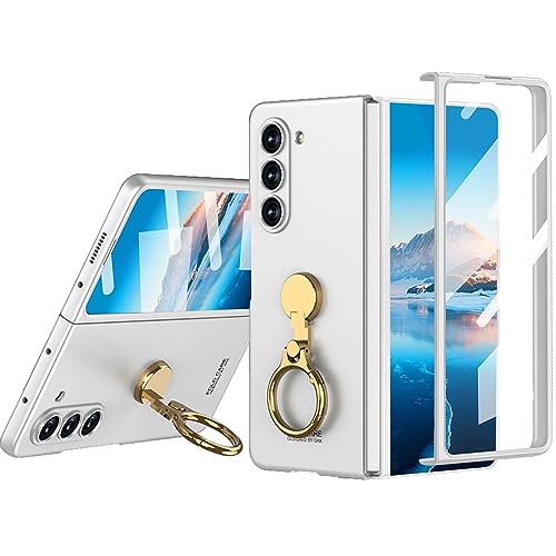 für Samsung Z Fold 5 Hülle mit Ständer, Ultra dünn Galaxy Z Fold 5 Hülle mit Schutzfolie 360 Rotate Metall Ring Halterung, Hartes Mattes Handyhülle Slim Case für Samsung Galaxy Z Fold 5 5g - Silber von OFOCASE