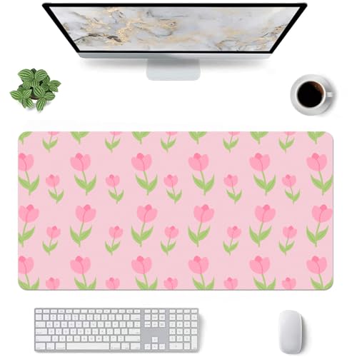 Kawaii Schreibtischunterlage, Tulpenmuster, mittelgroß, erweitert, Gaming-Tastatur, Mauspad, rutschfestes, weiches rosa Leder für Büro/Zuhause/Arbeitszimmer von OFQKOAKS