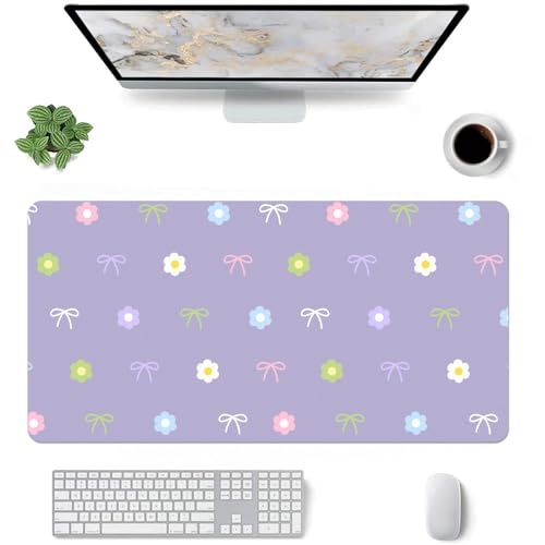 Kawaii Schreibtischunterlage mit Gänseblümchen-Schleife, mittelgroß, erweiterte Gaming-Tastatur-Mauspad, rutschfestes, weiches violettes Leder für Büro/Zuhause/Arbeitszimmer von OFQKOAKS