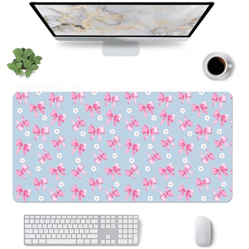 Kawaii Schreibtischunterlage mit Schleife, Blumenmuster, mittelgroß, erweitert, Gaming-Tastatur-Mauspad, rutschfestes, weiches blaues Leder für Büro/Zuhause/Arbeitszimmer von OFQKOAKS