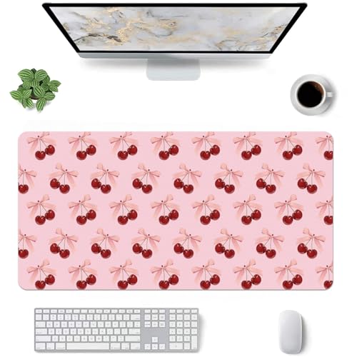 Kawaii Schreibtischunterlage mit Schleife, klein, erweitertes Gaming-Tastatur-Mauspad, rutschfestes, weiches rosa Leder für Büro/Zuhause/Arbeitszimmer von OFQKOAKS