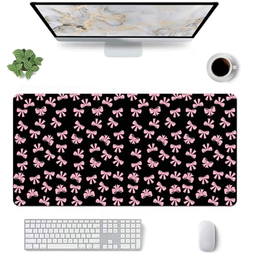 Kawaii Schreibtischunterlage mit Schleifen-Motiv, klein, erweitert, Gaming-Tastatur, Mauspad, rutschfestes, weiches schwarzes Leder für Büro, Zuhause, Arbeitszimmer von OFQKOAKS
