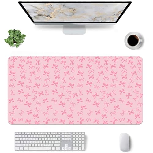 Kawaii Schreibtischunterlage mit rosa Schleifen, klein, erweiterte Gaming-Tastatur-Mauspad, rutschfestes, weiches rosa Leder für Büro/Zuhause/Arbeitszimmer von OFQKOAKS
