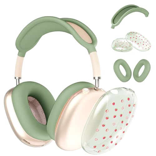 Schutzhülle für AirPods Max Kopfhörer, niedliches Mädchen, rosa kleine Erdbeere, transparente TPU-Ohrmuscheln, grüne Silikon-Ohrpolster, Kopfband-Schutzhülle für Apple AirPods Max Schutzhülle für AirPods Max Kopfhörer, niedliches Mädchen, rosa kleine Erdbeere, transparente TPU-Ohrmuscheln, grüne Silikon-Ohrpolster, Kopfband-Schutzhülle für Apple AirPods Max von OFQKOAKS