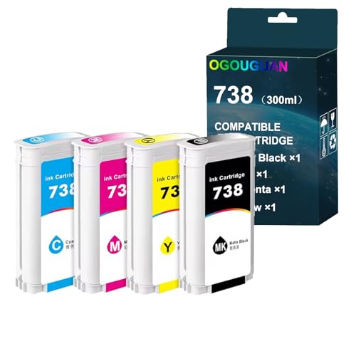 CAIDI 738 Tintenpatrone, 300 ml, kompatibel mit HP738 738 Tinte 676M6A 676M7A 676M8A 498N8A Tintenstrahldrucker, hochwertig, HP DesignJet T950 T850 Drucker (MBK/C/M/Y) von OGOUGUAN