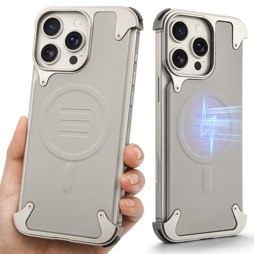 OGRANEE Rahmenlose Schutzhülle aus Metall und Leder für iPhone 16 Pro Max, kompatibel mit Magsafe, Rahmen aus Aluminiumlegierung, minimalistisch, stoßfest, schlank, hart, ultradünn, magnetisch, cool OGRANEE Rahmenlose Schutzhülle aus Metall und Leder für iPhone 16 Pro Max, kompatibel mit Magsafe, Rahmen aus Aluminiumlegierung, minimalistisch, stoßfest, schlank, hart, ultradünn, magnetisch, cool von OGRANEE