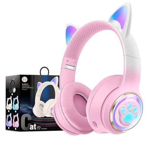 Ausgezeichnete Kabellose Katzenohr Bluetooth Kopfhörer für Kinder, LED-Beleuchtete und Faltbare Stereo Kopfhörer,Unterstützt Mikrofon/TF Speicherkarte für Smartphone/iPhone/iPad/Laptop/TV (Pink) von OHAANYY