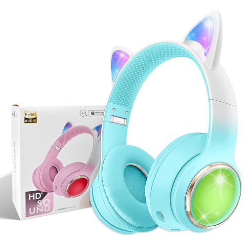 Ausgezeichnete Kabellose Katzenohr Bluetooth Kopfhörer für Kinder, LED-Beleuchtete und Faltbare Stereo Kopfhörer,Unterstützt Mikrofon/TF Speicherkarte für Smartphone/iPhone/iPad/Laptop/TV (Green) von OHAANYY