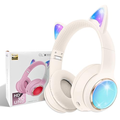 Ausgezeichnete Kabellose Katzenohr Bluetooth Kopfhörer für Kinder, LED-Beleuchtete und Faltbare Stereo Kopfhörer,Unterstützt Mikrofon/TF Speicherkarte für Smartphone/iPhone/iPad/Laptop/TV (White) von OHAANYY