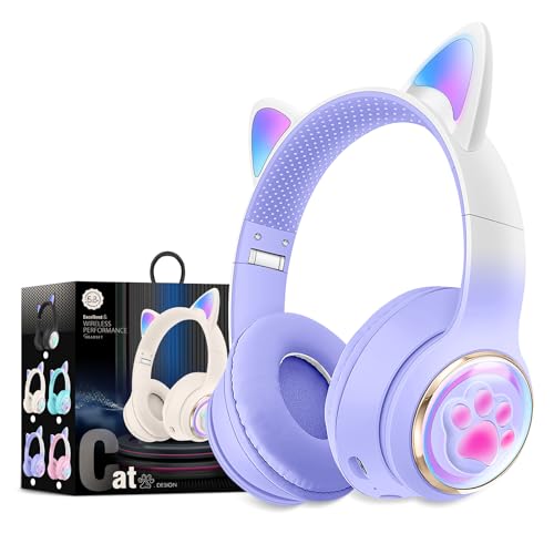 Ausgezeichnete Kabellose Katzenohr Bluetooth Kopfhörer für Kinder, LED-Beleuchtete und Faltbare Stereo Kopfhörer,Unterstützt Mikrofon/TF Speicherkarte für Smartphone/iPhone/iPad/Laptop/TV (Purple) von OHAANYY