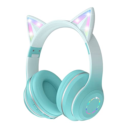 Bluetooth Kopfhörer Kinder,Katzenohren Faltbare Mädchen Kopfhörer Over Ear, Kinderkopfhörer Bluetooth Kabellos mit LED-licht Katzenohren und Mikrofon für Schule/Tablet/Handy/PC (Blau) (Blauer See) von OHAANYY