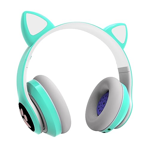 Bluetooth kopfhörer Kinder,Mädchen Katzenohr Kopfhörer Over-Ear mit LED-licht Faltbare Stereo Kopfhörer Bluetooth,Kabellose Kopfhörer Kinder mit Mikrofon,Micro SD/TF,für Tablet/Handy/PC (Grün) von OHAANYY