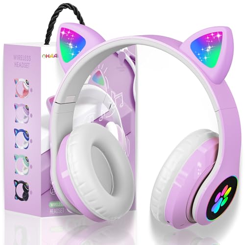 Bluetooth kopfhörer Kinder,Mädchen Katzenohr Kopfhörer Over-Ear mit LED-licht Faltbare Stereo Kopfhörer Bluetooth,Kabellose Kopfhörer Kinder mit Mikrofon,Micro SD/TF,für Tablet/Handy/PC (Lila) von OHAANYY