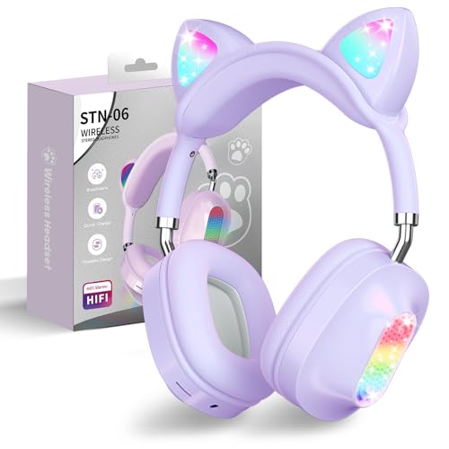 Bluetooth kopfhörer Kinder,Mädchen Katzenohr Kopfhörer Over-Ear mit LED-licht Faltbare Stereo Kopfhörer Bluetooth,Kabellose Kopfhörer Kinder mit Mikrofon,Micro SD/TF,für Tablet/Handy/PC (Lila) von OHAANYY