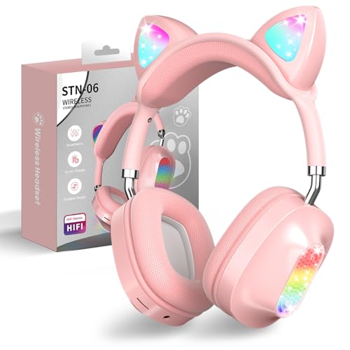 Bluetooth kopfhörer Kinder,Mädchen Katzenohr Kopfhörer Over-Ear mit LED-licht Faltbare Stereo Kopfhörer Bluetooth,Kabellose Kopfhörer Kinder mit Mikrofon,Micro SD/TF,für Tablet/Handy/PC (Rosa) von OHAANYY