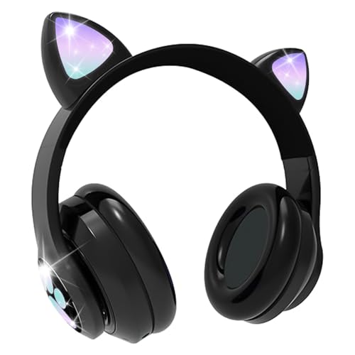 Bluetooth kopfhörer Kinder,Mädchen Katzenohr Kopfhörer Over-Ear mit LED-licht Faltbare Stereo Kopfhörer Bluetooth,Kabellose Kopfhörer Kinder mit Mikrofon,Micro SD/TF,für Tablet/Handy/PC (Schwarz) von OHAANYY