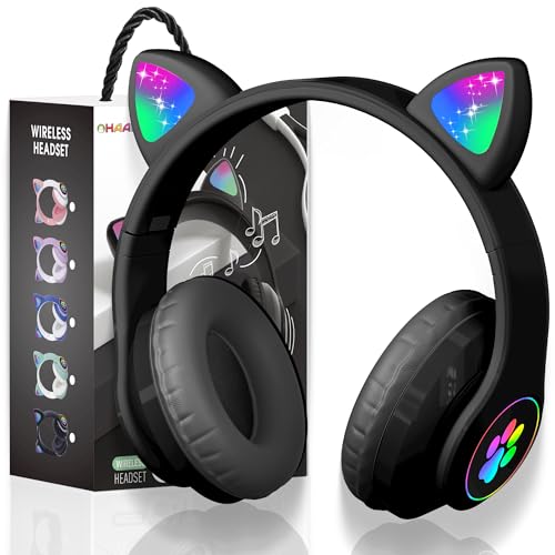 Bluetooth kopfhörer Kinder,Mädchen Katzenohr Kopfhörer Over Ear mit LED licht Faltbare Stereo Kopfhörer Bluetooth,Kabellose Kopfhörer Kinder mit Mikrofon für Tablet/Handy/PC(Schwarz) von OHAANYY