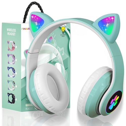 OHAANYY Bluetooth kopfhörer Kinder,Mädchen Katzenohr Kopfhörer Over Ear mit LED licht Faltbare Stereo Kopfhörer Bluetooth,Kabellose Kopfhörer Kinder mit Mikrofon für Tablet/Handy/PC (Grün) von OHAANYY