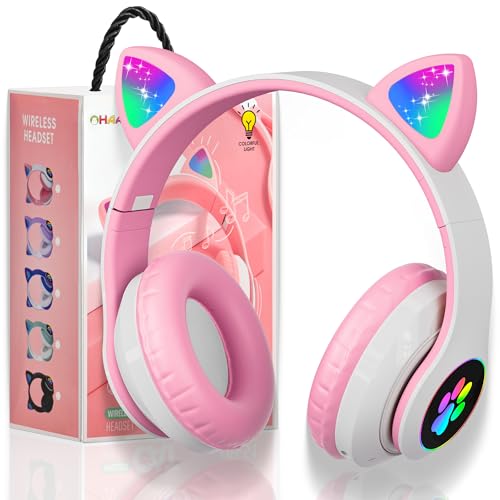 OHAANYY Bluetooth kopfhörer Kinder,Mädchen Katzenohr Kopfhörer Over Ear mit LED licht Faltbare Stereo Kopfhörer Bluetooth,Kabellose Kopfhörer Kinder mit Mikrofon für Tablet/Handy/PC (Rosa) von OHAANYY