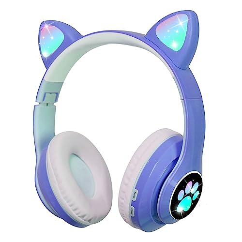 OHAANYY Kabellose Bluetooth Kopfhörer für Kinder,Faltbare Mädchen Kopfhörer Over Ear,LED Niedliche Katzenohren faltbar, Audio kabellos für Kinder Bluetooth 5.0 Kopfhörer für Tablet/Handy/PC (Blue) von OHAANYY