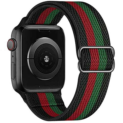 OHCBOOGIE Dehnbares Solo-Loop-Armband, kompatibel mit Apple Watch-Armbändern, 42 mm, 44 mm, 45 mm, 49 mm, verstellbar, dehnbar, geflochten, Nylon, Damen, Herren, Grün, Schwarz von OHCBOOGIE
