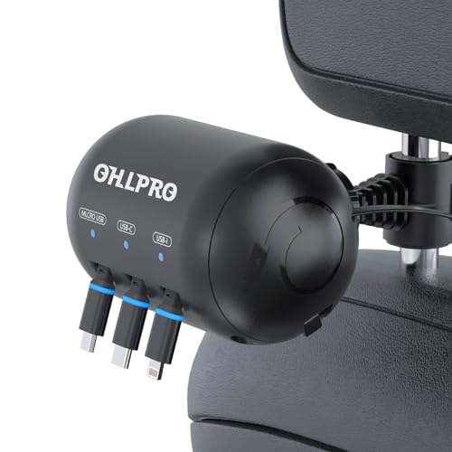 OHLPRO 3-in-1 Ausziehbares KFZ USB-C Ladekabel Kopfstützenladestation, Multifunktionale Einziehbare Auto Ladegerät für Handys, iPhone, Samsung, Android, Ideal für Chauffeure und Taxifahrer von OHLPRO