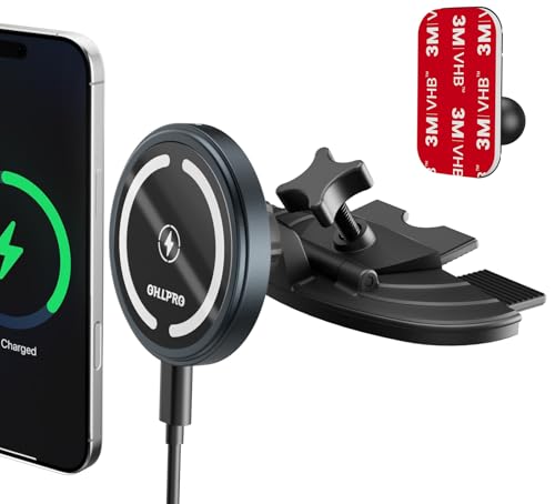 OHLPRO Magsafe Autohalterung mit Ladefunktion für iPhone 16, 15W Schnellladen CD Schacht Magsafe Auto Ladegerät mit 3M Klebepad, Magnetische Halterung Kompatibel mit iPhone 16/15/14/13 Pro Max von OHLPRO
