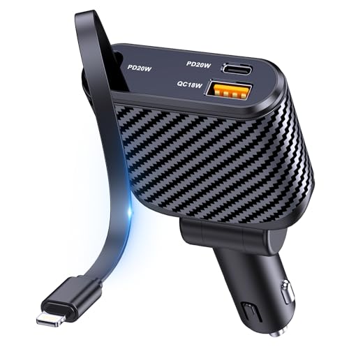 OHLPRO Einziehbares Autoladegerät 3in1, 58W USB C Handy Schnellladegerät Zigarettenanzünder Stecker Adapter mit 80cm Retractable Ladekabel und 2 USB-Ports Charger für iPhone 16 15 14 13 Pro,Max, iPad von OHLPRO