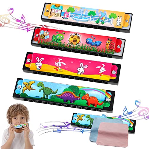 Harmonica For Children 16-Hole Children'S Harmonica Mundharmonika Kinder Colour Harmonica Toy AnfäNger 4 StüCk Various Colourful Cartoon Pattern Designs Mit 2 Mundharmonika TüCher von OHSN