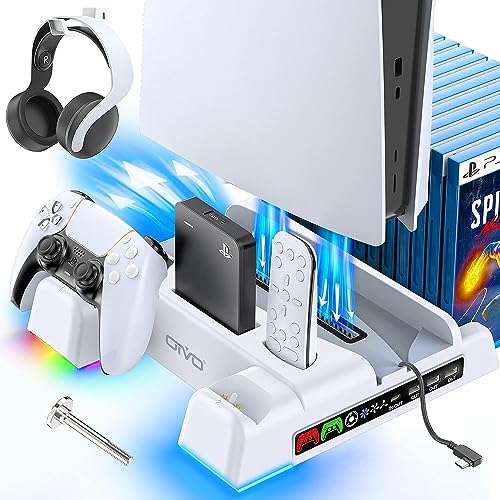 OIVO PS5/PS5 Slim Ständer mit 3 stufig Lüfter und RGB Licht, PS5 Standfuß mit 4 USB Ports/PS5 Controller Ladestation/Headset Halter/Remote Steckplatz/14 Spiele Aufbewahrung für PS5 Zubehör von OIVO