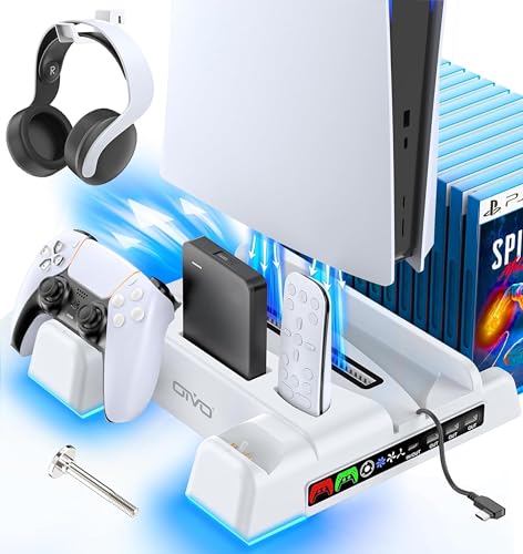 PS5/PS5 Slim/PS5 Pro Ständer mit 3 stufig Lüfter und Licht, PS5 Standfuß mit 4 USB Ports/Controller Ladestation/Headset Halter/Remote Steckplatz/14 Spiele Aufbewahrung für PS5 Zubehör von OIVO