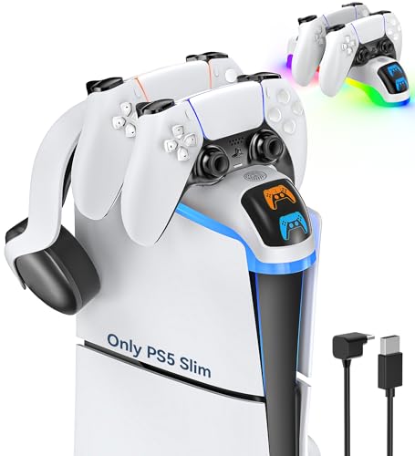 PS5 Ladestation Controller mit Cool RGB Licht für PS5 Slim, PS5 Slim Ladestation mit Headset Halter, PS5 Controller Ladestation für PS5 Zubehör (Nicht für 2020 PS5 Konsole) von OIVO