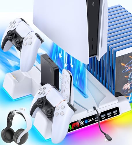 OIVO PS5 Standfuß mit 3 Stufen Lüfter und PS5 Controller Ladestation für PS5/PS5 Slim Konsole, PS5 Ständer mit RGB Licht/3 USB Anschlüsse/Remote- und 14 Spiele Steckplätze für PS5 Slim Zubehör von OIVO