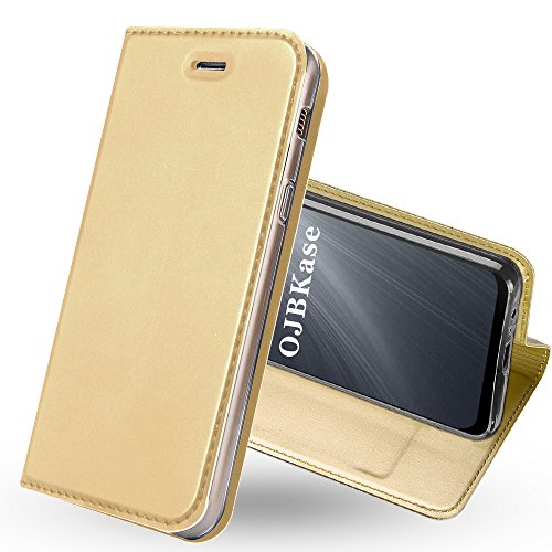 OJBKase Galaxy A8 2018 Hülle, Premium Slim PU Leder Handy Schutzhülle [Standfunktion] Hülle/Cover/Brieftasche/Ledertasche Bookstyle Tasche Lederhülle Handyhülle für Samsung Galaxy A8 2018 (Gold) von OJBKase