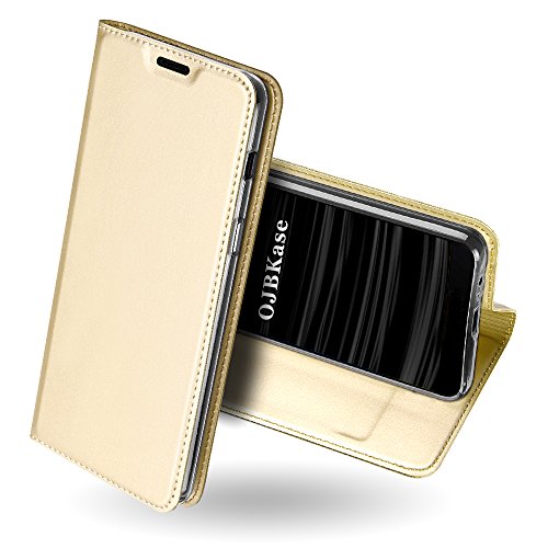 OJBKase Galaxy J6 2018 Hülle, Premium Slim PU Leder Handy Schutzhülle [Standfunktion] Hülle/Cover/Brieftasche/Ledertasche Bookstyle Tasche Lederhülle Handyhülle für Samsung Galaxy J6 2018 (Gold) von OJBKase