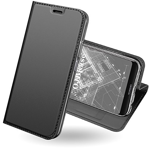 OJBKase Huawei P20 Lite Hülle, Premium Slim PU Leder Handy Schutzhülle Hülle/Cover/Brieftasche/Ledertasche Bookstyle Tasche Lederhülle Handyhülle für Huawei P20 Lite (Schwarzgrau) von OJBKase