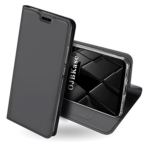 OJBKase Xiaomi Mi 8 Hülle, Premium Slim PU Leder Handy Schutzhülle [Standfunktion] [Kartensteckplatz] [Magnetisch] Bookstyle Tasche Lederhülle Handyhülle für Xiaomi Mi 8 (Schwarzgrau) von OJBKase
