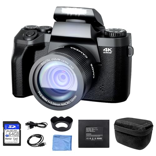 Digitalkamera 4K Autofokus 64MP 16X Digitalzoom Touchscreen Fotokamera mit Haube, 64GB TF-Karte, Kompaktkamera mit WiFi Funktion, Vlog Kamera für Senioren Anfänger (Schwarz) von OKA gute Qualität