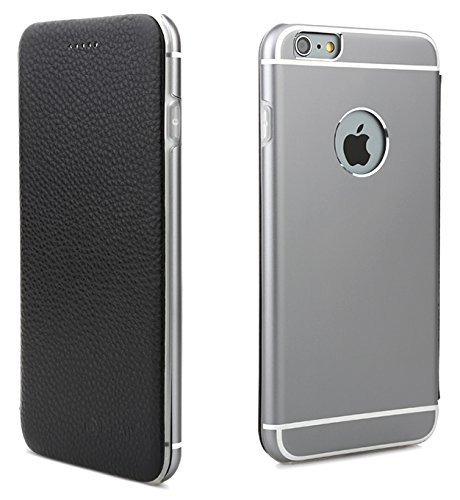 OKCS Binli echt Leder Schutzhülle kompatibel mit iPhone 6 Plus, 6s Plus mit stylischer Aluminium Rückseite Hard Cover Flip Case - Schwarz von OKCS